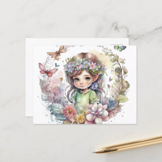 Watercolor Garden Girl - Flower Wandeand Vykort