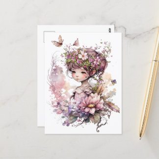 Watercolor Garden Girl - Rosa Flowers Vykort