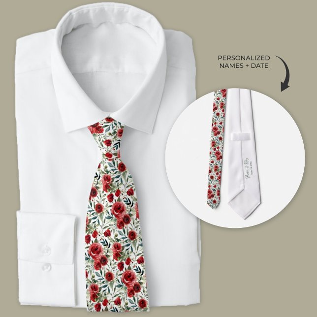 Watercolor Garden Ro Marskalkars Neck Tie Slips (Personalized watercolor neckties with red rose wedding theme.)