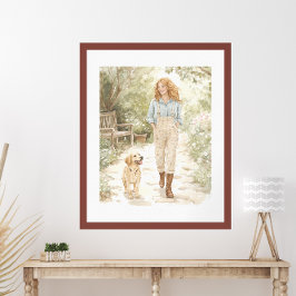 Watercolor Garden Walk med Hund Cottagecore Poster
