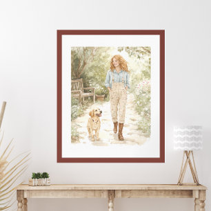 Watercolor Garden Walk med Hund Cottagecore Poster