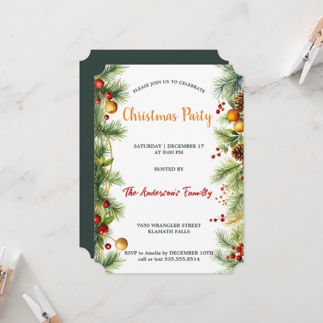 Watercolor Garland Gräs & Berries jul Party Inbjudningar (Fram/Back In Situ)
