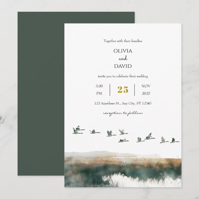 Watercolor Geese Coastal Twilight Beach Wedding Inbjudningar (Fram/baksida)