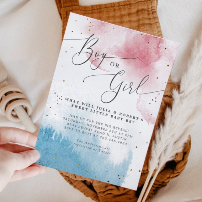 Watercolor Gender Reveal Party Boy eller Girl Inbjudningar (Skapare uppladdad)