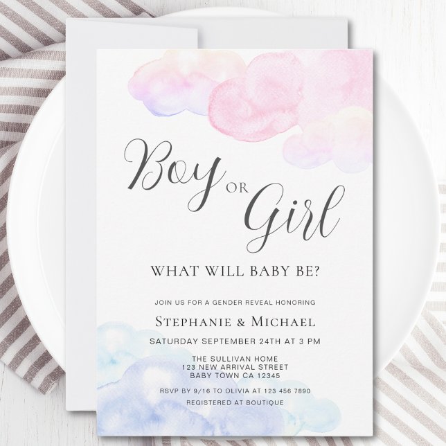 Watercolor Gender Reveal Party Boy eller Girl Inbjudningar (Skapare uppladdad)