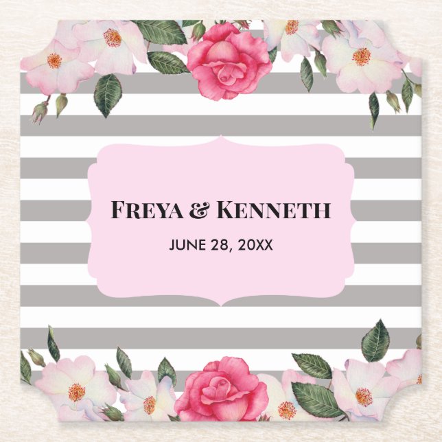 Watercolor Gentle Rosa Vit ros Blommigt Bröllop Underlägg Papper (Framsida)