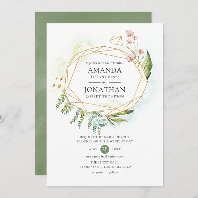 Watercolor Geometric Crystal Greenery Bröllop Inbjudningar (Fram/baksida)
