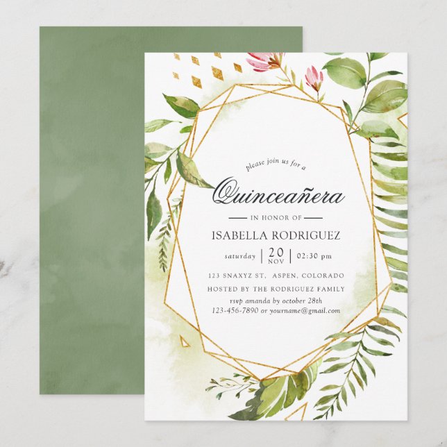 Watercolor Geometric Crystal Greenery Quinceañera Inbjudningar (Fram/baksida)