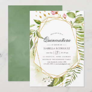 Watercolor Geometric Crystal Greenery Quinceañera Inbjudningar