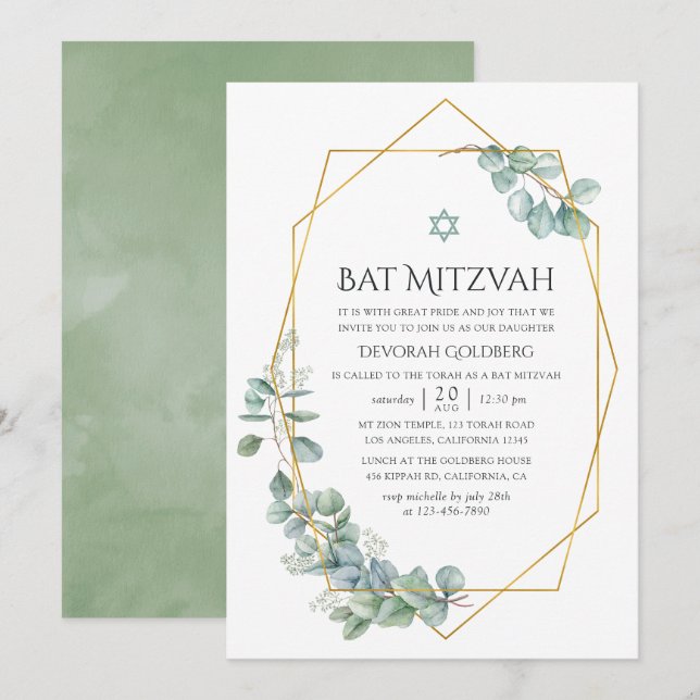 Watercolor Geometric Eucalyptus Bat mitzvah Invita Inbjudningar (Fram/baksida)