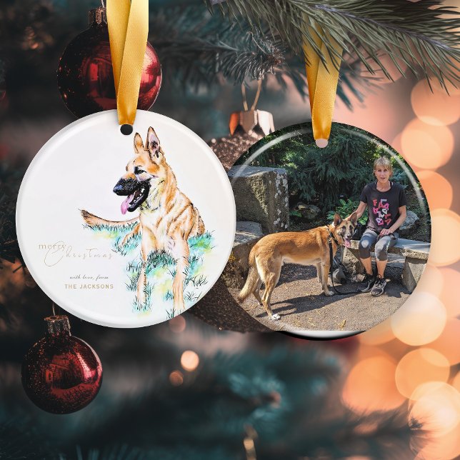 Watercolor German Shepherd Belgium Malinois Photo Julgransprydnad Keramik (Skapare uppladdad)