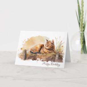 Watercolor Ginger Cat Birthday Kort