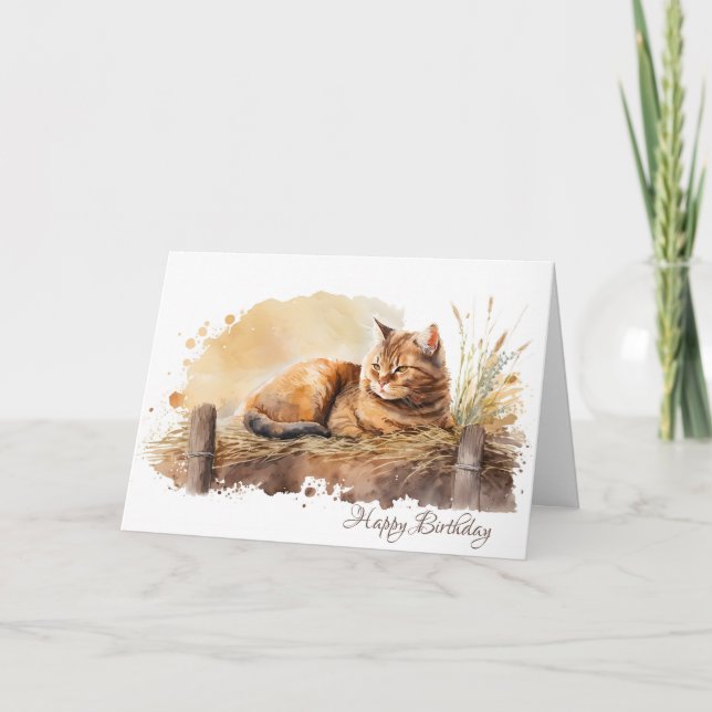 Watercolor Ginger Cat Birthday Kort (Framsida)