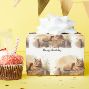 Watercolor Ginger Cat Birthday Presentpapper