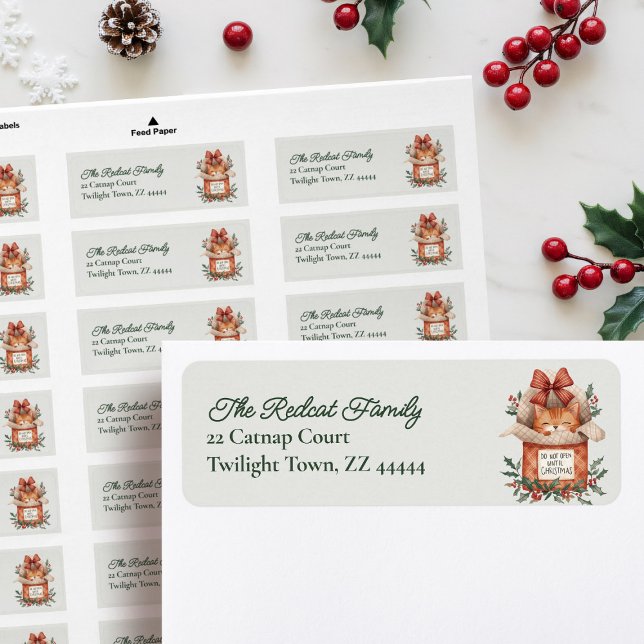 Watercolor Ginger Cat-Returadressen Juli Returadress Etikett (Delight your feline-loving friends with this unique ginger cat Christmas label.)