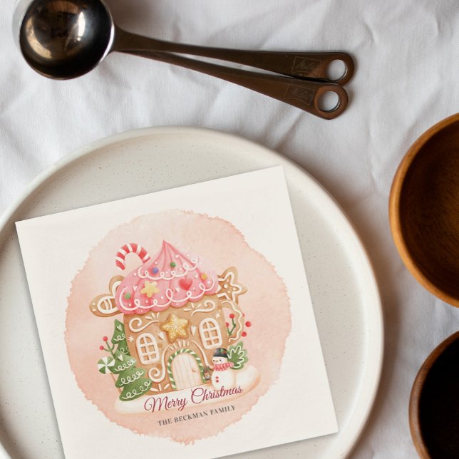 Watercolor Gingerbröd House Julafton Julfest Pappersservett (Watercolor Gingerbread House Xmas Holiday Party Napkins)