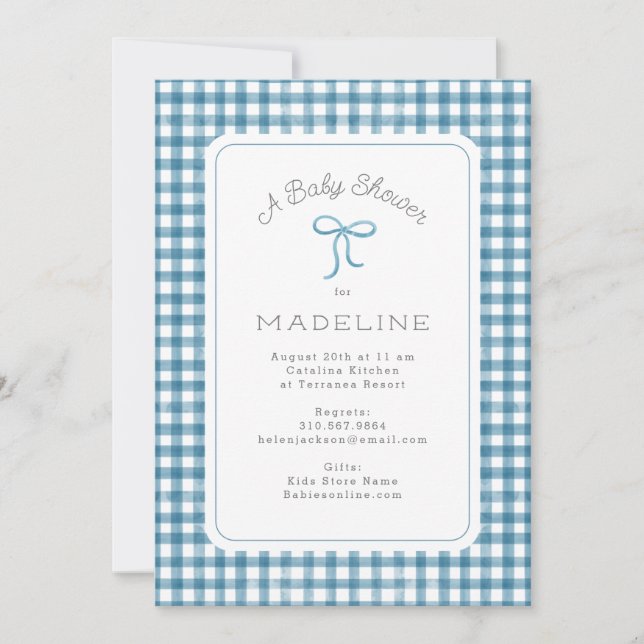 Watercolor Gingham Blue Baby Shower Inbjudningar (Framsida)