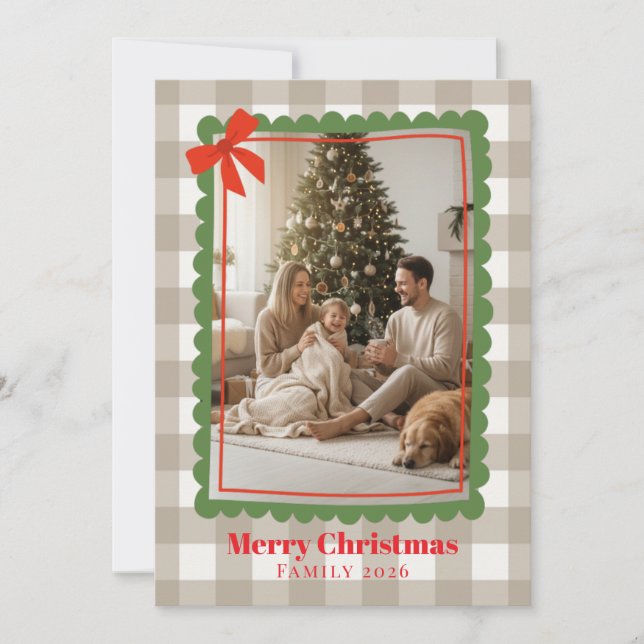 Watercolor Gingham Family Photo Christmas Holiday  Julkort (Framsida)