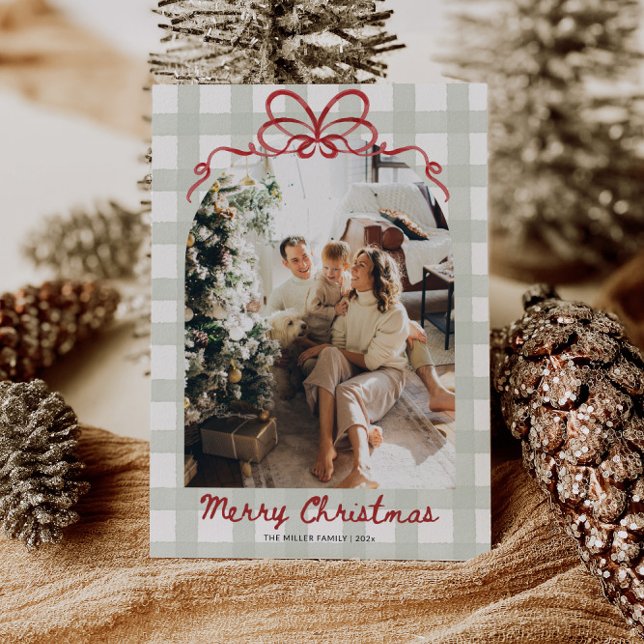 Watercolor Gingham Family Photo jul Julkort (Gingham Family Photo Christmas Card)