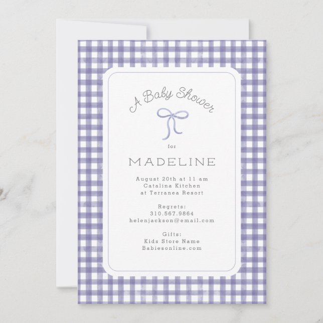 Watercolor Gingham Lila Baby Shower Inbjudningar (Framsida)