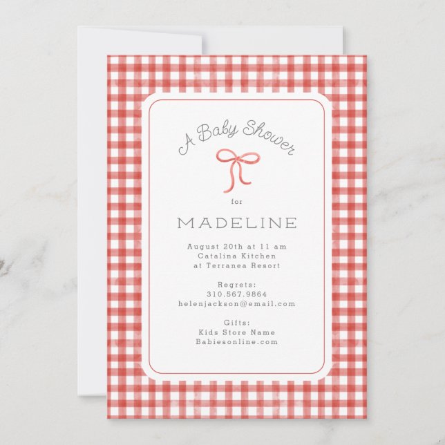 Watercolor Gingham Red Baby Shower Inbjudningar (Framsida)