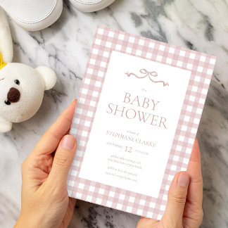 Watercolor Gingham & Ribbon Bow Girl Shower Inbjudningar