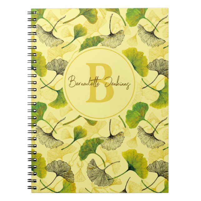Watercolor Gingko Biloba Löv Monogram Anteckningsbok (Framsidan)