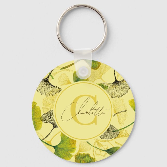 Watercolor Gingko Biloba Löv Monogram Keychain Nyckelring (Framsida)