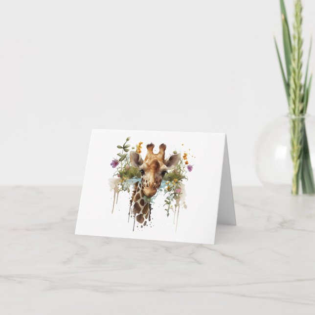 Watercolor Giraffe with Flowers BLANK Kort (Framsida)