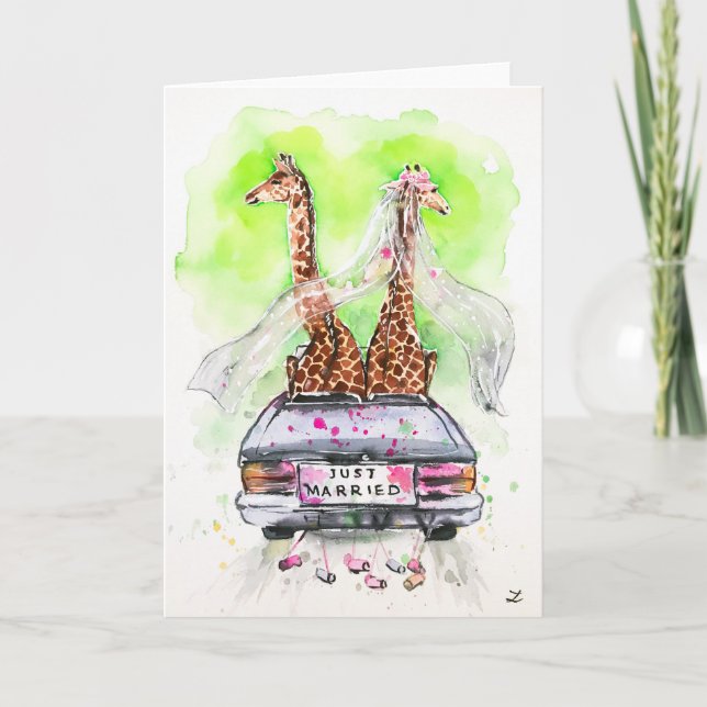 Watercolor Giraffes Bröllop Ny gifta Kort (Framsida)