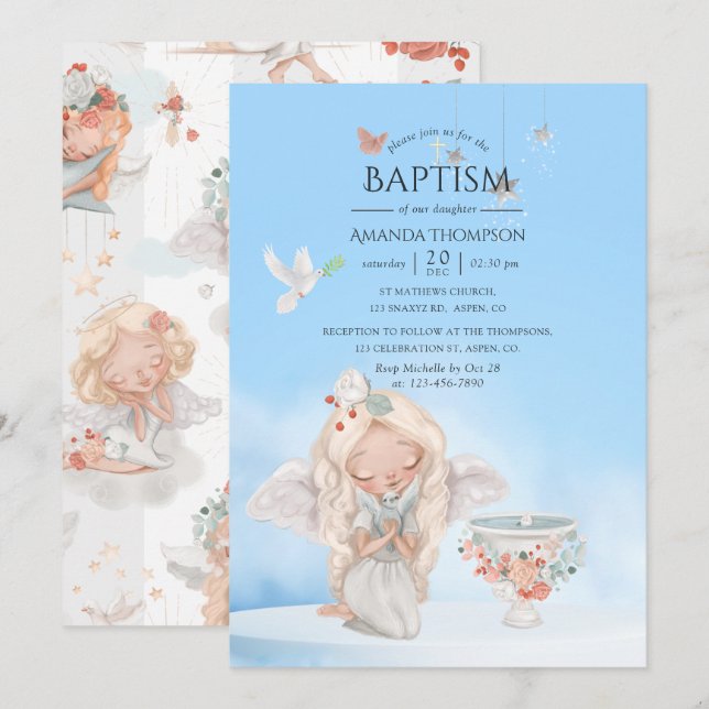Watercolor Girl Angel Baptism Inbjudningar (Fram/baksida)