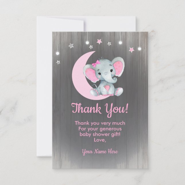 Watercolor Girl Elephant Tack You Card Rosa (Framsida)