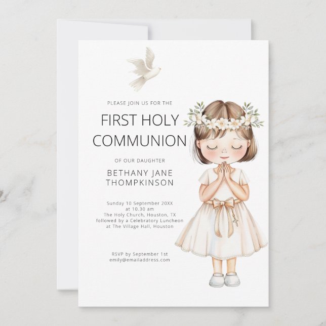 Watercolor Girl First Heliga Communion White Inbjudningar (Framsida)