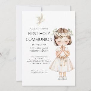 Watercolor Girl First Heliga Communion White Inbjudningar