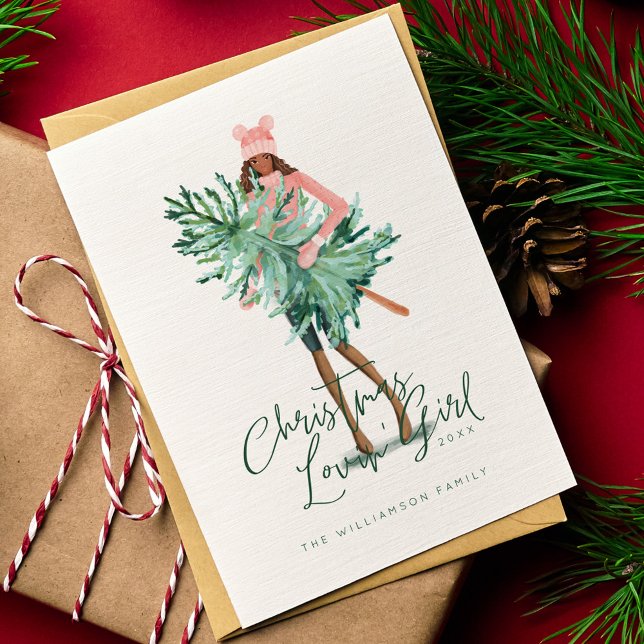 Watercolor Girl Holding Evergreen Julgran Julkort (Watercolor Girl Holding Evergreen Christmas Tree Holiday Card)