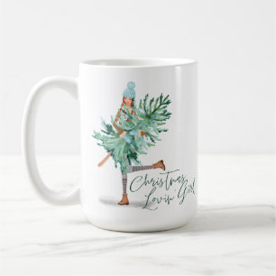 Watercolor Girl Holding Evergreen Julgran Kaffemugg
