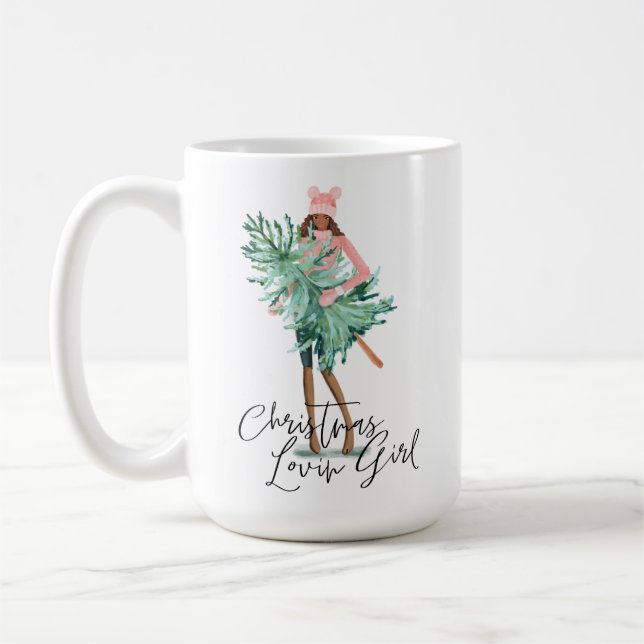 Watercolor Girl Holding Evergreen Julgran Kaffemugg (Vänster)