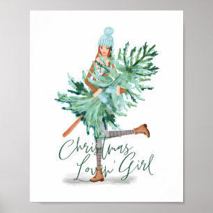 Watercolor Girl Holding Evergreen Julgran Poster