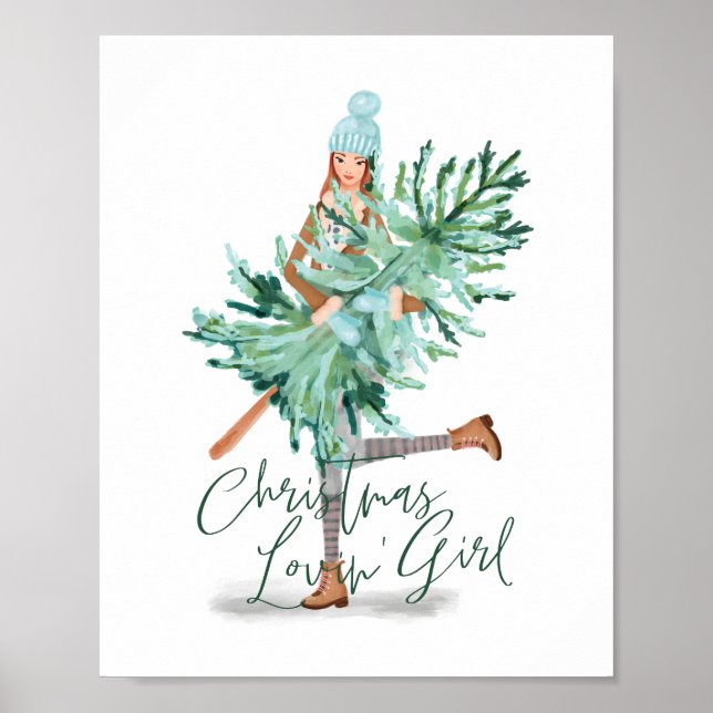 Watercolor Girl Holding Evergreen Julgran Poster (Framsidan)