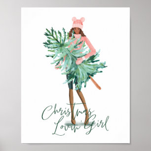 Watercolor Girl Holding Evergreen Julgran Poster
