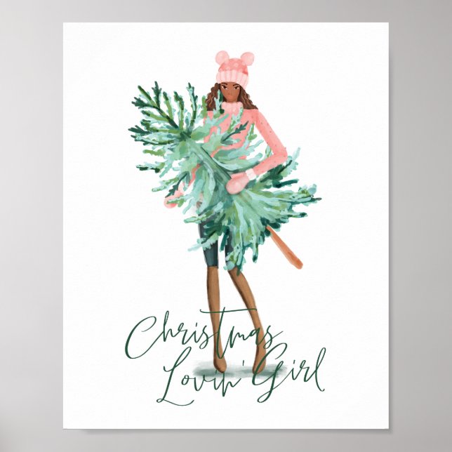 Watercolor Girl Holding Evergreen Julgran Poster (Framsidan)