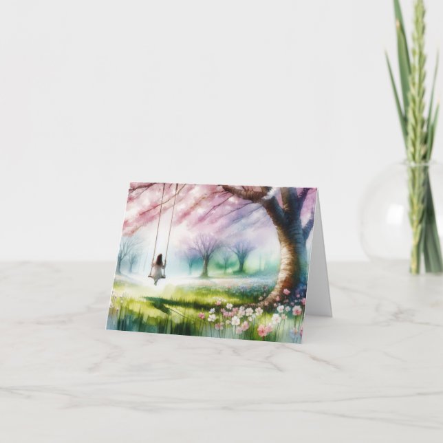 Watercolor Girl på en swing Helgkort (Framsida)