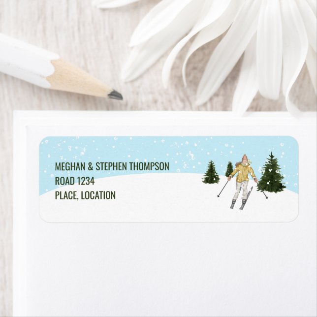 Watercolor Girl Skiing On Winter Slopes Custom Returadress Etikett (Insitu)