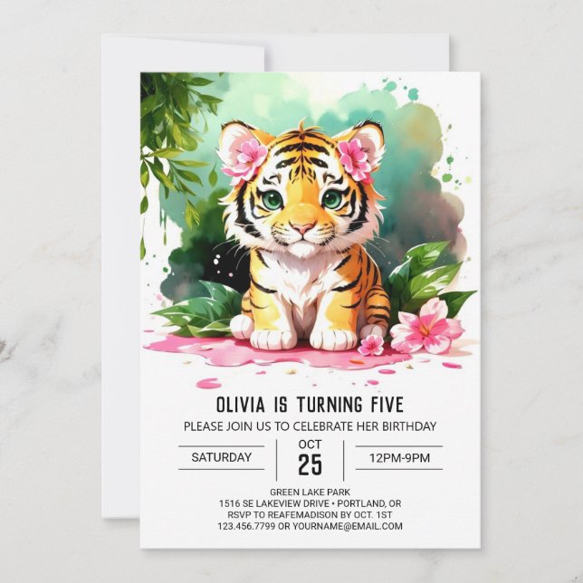 Watercolor Girl Tiger Anpassningsbar Birthday Inbjudningar (Framsida)