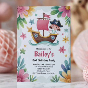 Watercolor Girls Pirate 3-års födelsedagsfest Inbjudningar