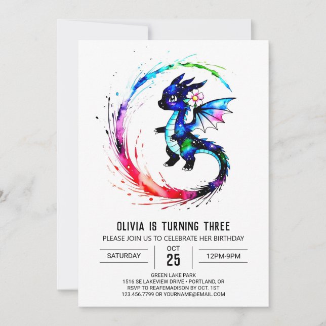 Watercolor Girly Dragon Digital Girl Birthday Inbjudningar (Framsida)
