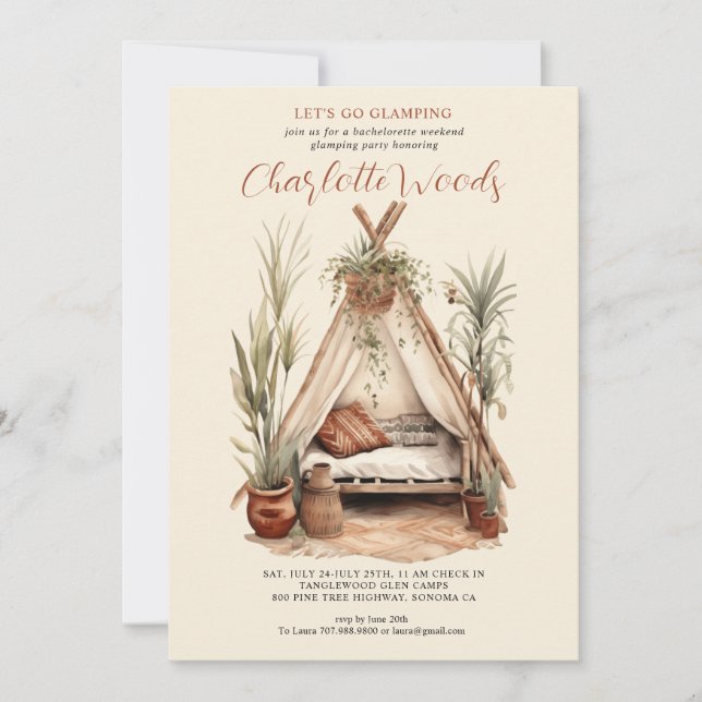 Watercolor Glamping Bachelorette Camping Party Inbjudningar (Framsida)