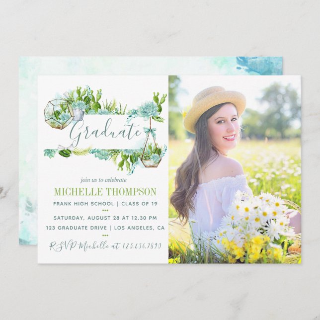 Watercolor Glass Terrarium Succulum Studenten Inbjudningar (Fram/baksida)