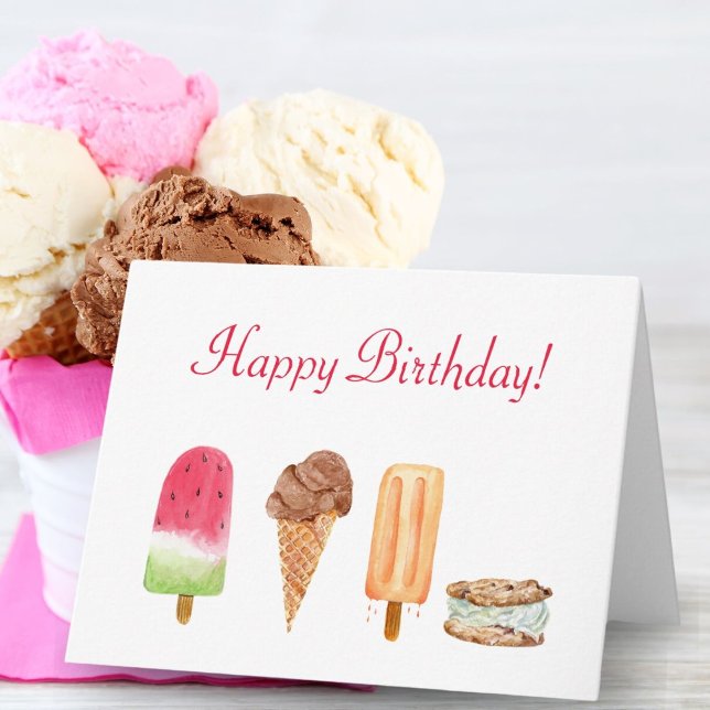 Watercolor Glasskål & Popsicles Födelsedag  Kort (A sweet summer filled birthday card for anyone who loves ice cream and popsicles! )
