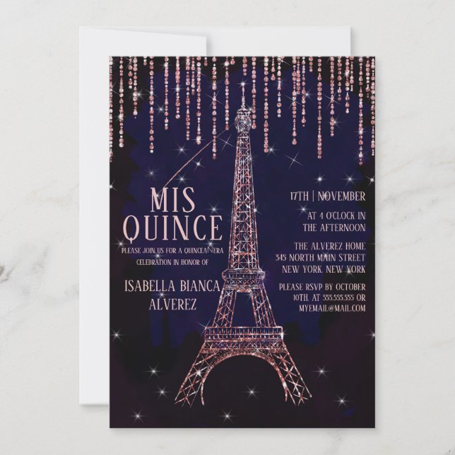 Watercolor Glitter Paris Eiffel Torn Quinceañera Inbjudningar (Framsida)